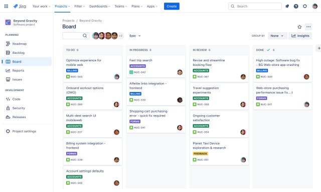 Kanban board visualization with all status columns and features